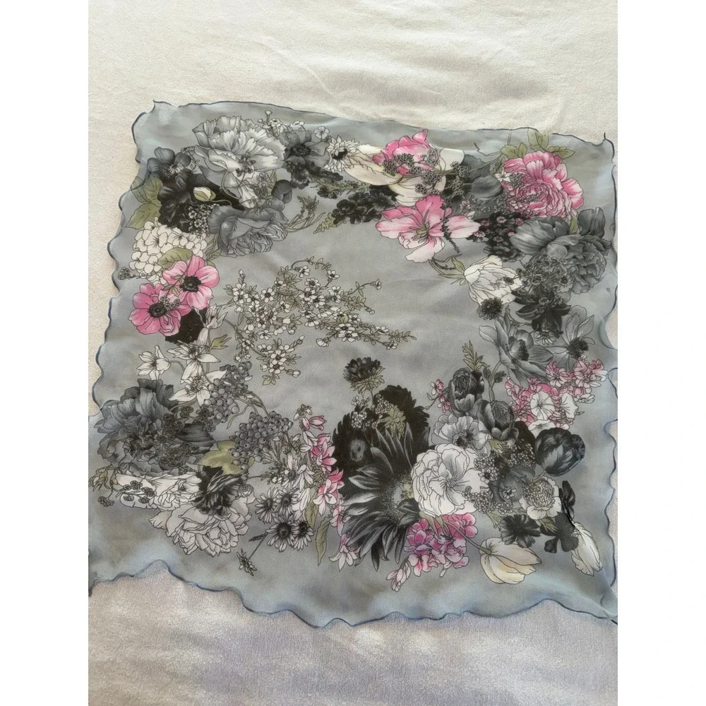 Floral Square Scarf Women OS Blue Pink Sheer Scalloped Lettuce Edge